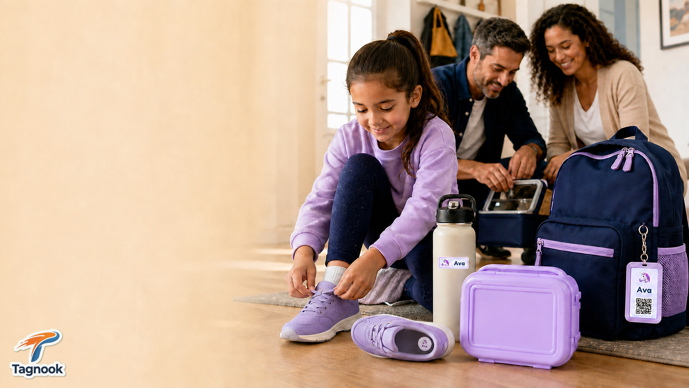 Family preparing school belongings with Tagnook labels and a backpack recovery tag.